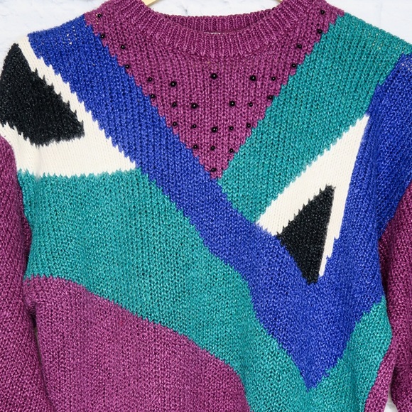Vintage 80’s Purple Beaded Abstract Sweater - Picture 3 of 4